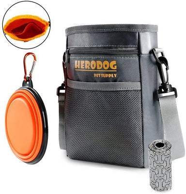 Bolsa de entrenamiento para perros héroe (mascotas grandes pequeñas) – Compartimentos dobles para transportar juguetes, bocadillos – con bolsa de caca, cuenco plegable, dispensador de bolsas de desperdicios incorporado, color gris - BESTMASCOTA.COM