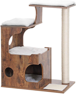 FEANDREA - Árbol de gato de 13.4 in, torre de gato mediano con 3 camas y cueva, condo de gato hecho de MDF con chapa de madera, poste de sisal y macetera sintética lavable, vintage rústico marrón y blanco UPCT70HW - BESTMASCOTA.COM