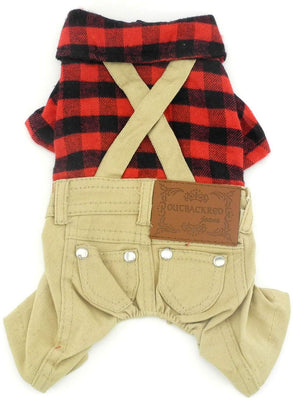 SMALLLEE_LUCKY_STORE Pet Clothes for Small Dog Cat Red Plaid Shirts Sweater with Khaki Overalls Pants Jumpsuit - BESTMASCOTA.COM
