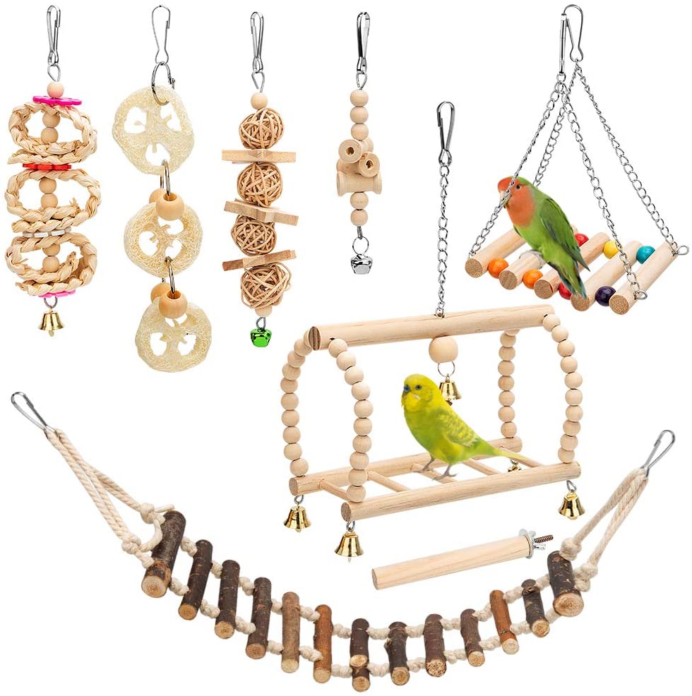 8 Packs Bird Parrot Swing Hanging Toy Natural Wood Bell Bird Cage Toys for Parrots Parakeets Cockatiels Conures Finches Budgie Parrots Love Birds Australian Parrot Small Birds BESTMASCOTA.COM