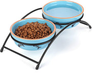 Y YHY cuencos elevados de cerámica para gatos y mascotas, 12 onzas de cuencos elevados para alimentos o agua, platos dobles para gatos, regalo para gato, diseño de hueso de pez, color azul - BESTMASCOTA.COM