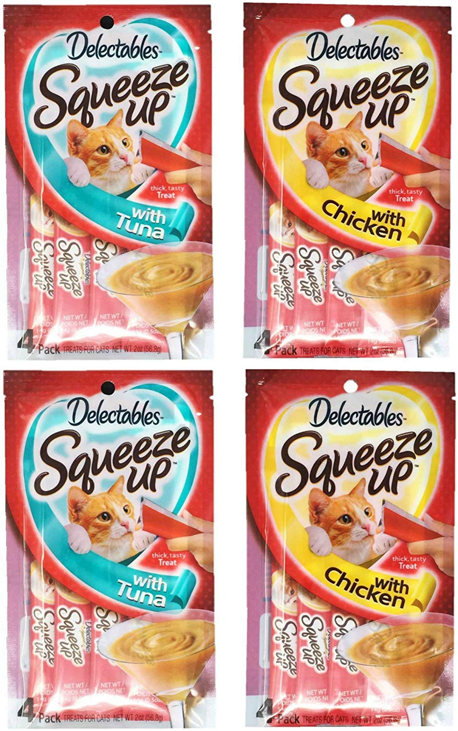 Delectables Hartz Squeeze Up Cat Treats Variedad 4 bolsas paquete de 2 sabores; 2 bolsas de cada sabor (2.0 oz cada uno) - BESTMASCOTA.COM