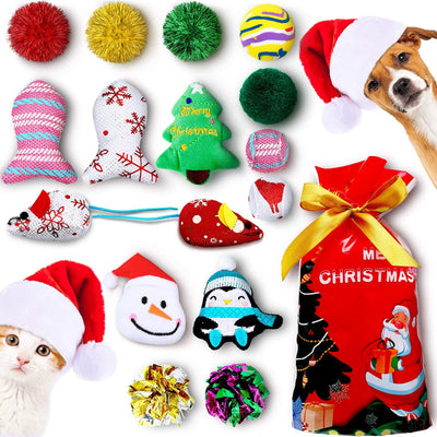 Gejoy - 16 juguetes de Navidad para gatos y perros, regalo con coloridas bolas arrugadas, forma de ratón, almohada y patrones de campana, almacenados en la bolsa - BESTMASCOTA.COM