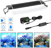 Luz para acuario con carcasa de aleación de aluminio y soportes extensibles, luces LED blancas y azules y controlador externo, luz para acuario con temporizador y función de memoria, para agua dulce y tanque de peces de agua salada - BESTMASCOTA.COM