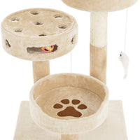 Árbol para gatos PETMAKER de 3 niveles y 2 juguetes colgantes, una zona de juego de 3 bolas y poste rascador, 27.5 pulgadas, color marrón - BESTMASCOTA.COM
