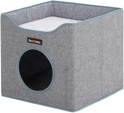 FEANDREA - Cubo plegable para gato, con superficie de remolque y 2 cojines reversibles, para gatos, cueva, lino, fieltro y tablero DM, resistente a los arañazos, color gris UPCB04G - BESTMASCOTA.COM