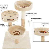 Árbol para gatos PETMAKER de 3 niveles y 2 juguetes colgantes, una zona de juego de 3 bolas y poste rascador, 27.5 pulgadas, color marrón - BESTMASCOTA.COM
