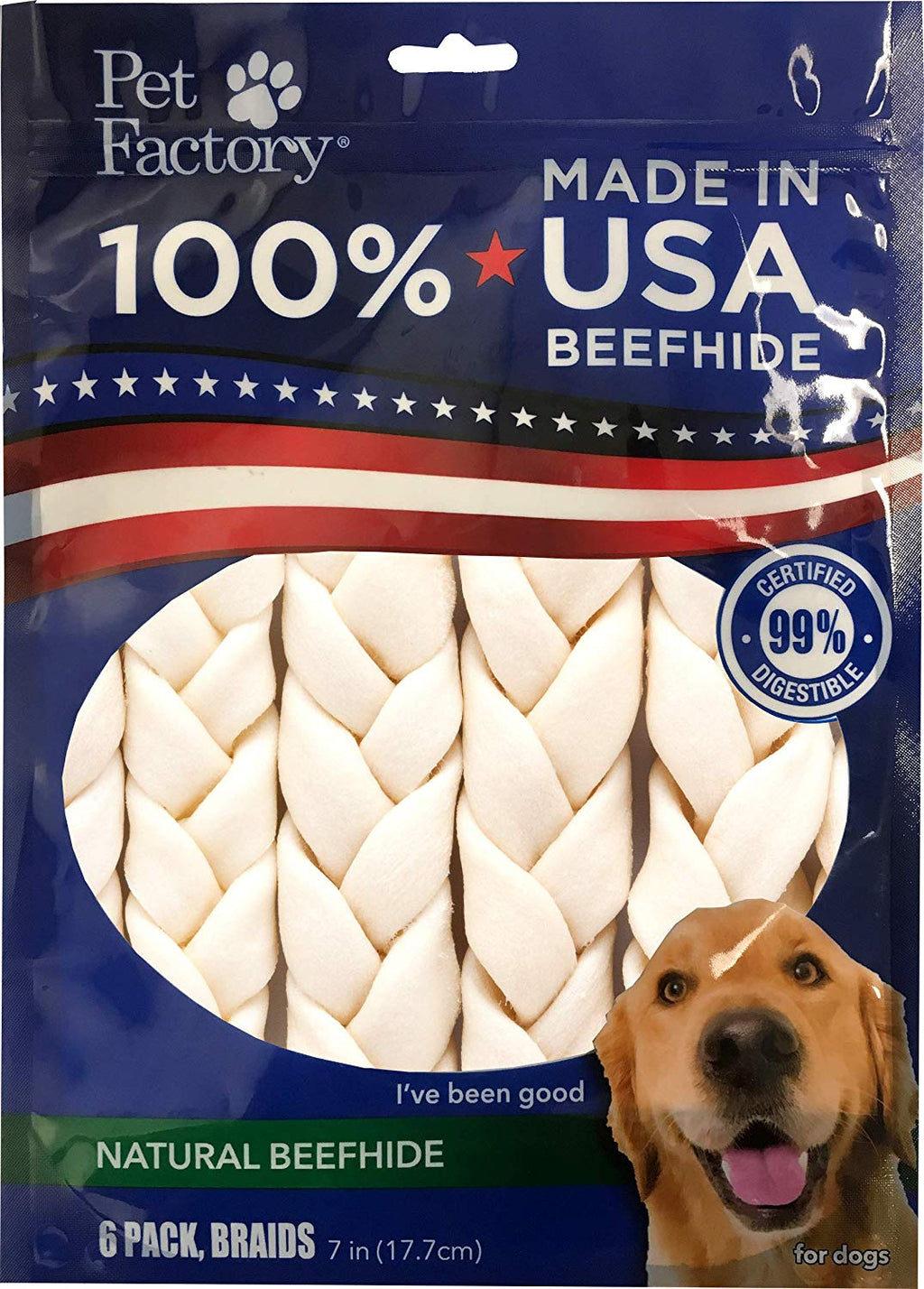 Pet Factory 78701 - Mascotas para perros, 99% digestivas, para mantener a los perros ocupados mientras disfrutan, 100% sabor, trenzas de sabor natural, paquete de 6 en 7 – 8 pulgadas, fabricado en Estados Unidos - BESTMASCOTA.COM