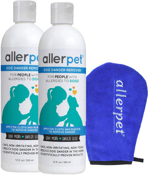 Allerpet - Eliminador de caspa para perros, botella de 12 onzas + aplicador de guante para mascotas para aplicar fácilmente la solución a tu mascota, científicamente probado para un alivio eficaz de alergias para perros, fabricado en Estados Unidos - BESTMASCOTA.COM