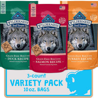 Blue Buffalo Wilderness Trail Treats High Protein Grain Free Crunchy Dog Treats Galletas, pato, Turquía, y Salmon Recetas 10 oz paquete variado, 3 unidades - BESTMASCOTA.COM
