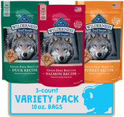 Blue Buffalo Wilderness Trail Treats High Protein Grain Free Crunchy Dog Treats Galletas, pato, Turquía, y Salmon Recetas 10 oz paquete variado, 3 unidades - BESTMASCOTA.COM