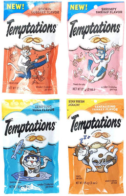 Temptations Cat Treats Variety Pack de 4 bolsas de sabor (langosta de Rockin, Shrimpy Shrimp, Tempting Tuna, Tantalizing Turquy; 3 oz cada una) - BESTMASCOTA.COM