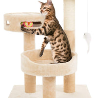 Árbol para gatos PETMAKER de 3 niveles y 2 juguetes colgantes, una zona de juego de 3 bolas y poste rascador, 27.5 pulgadas, color marrón - BESTMASCOTA.COM
