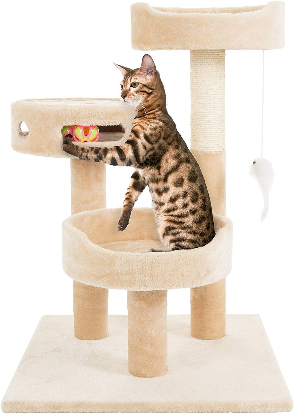 Árbol para gatos PETMAKER de 3 niveles y 2 juguetes colgantes, una zona de juego de 3 bolas y poste rascador, 27.5 pulgadas, color marrón - BESTMASCOTA.COM
