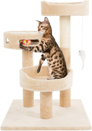 Árbol para gatos PETMAKER de 3 niveles y 2 juguetes colgantes, una zona de juego de 3 bolas y poste rascador, 27.5 pulgadas, color marrón - BESTMASCOTA.COM