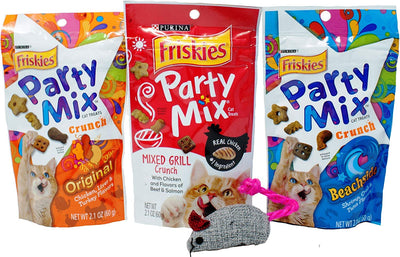 Friskies Party Mix Treats for Cats 3 Flavor Variety Bundle with Catnip Mouse, (1) Each: Original, Mixed Grill, Beachside (2.1 Ounces) - BESTMASCOTA.COM