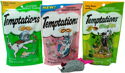 Temptations bajo en calorías Cat Treats 3 variedad de sabor con juguete Bundle, 1 de cada: mariscos Medley, shrimpy camarón, Catnip fiebre (3 ounces) - BESTMASCOTA.COM