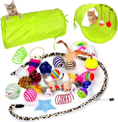 Youngever 24 juguetes para gatos juguetes surtidos, túnel de 2 vías, plumas para gatos – juguete interactivo de plumas esponjoso ratón, pelotas para gato, cachorro, gatito - BESTMASCOTA.COM