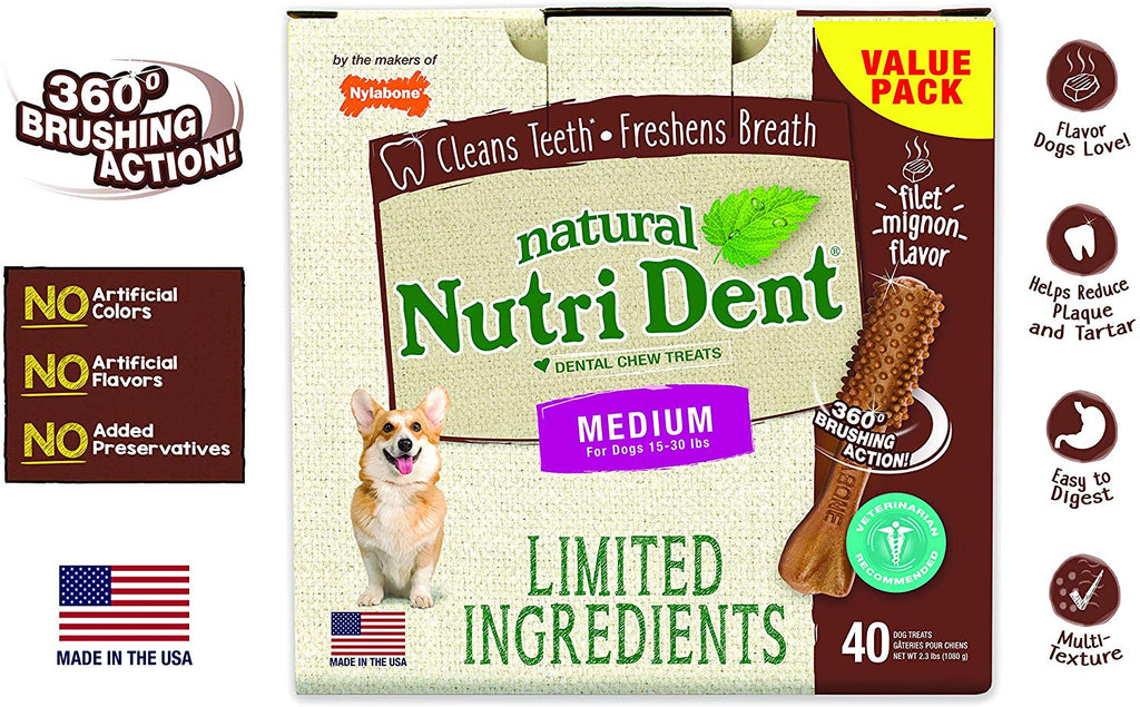 Nutri Dent - Masticables para perros con ingredientes limitados, tamaño mediano, sabor a filete mignon o aliento fresco - BESTMASCOTA.COM