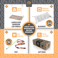 Percha para ventana de gato (soporta hasta 60 libras) – Cama para gato resistente y duradera – Ventosas de diseño personalizado – Incluye cojín para ventana de gato y juguete para gato – No requiere herramientas. - BESTMASCOTA.COM