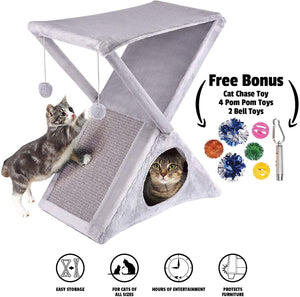 Ruff 'n Ruffus Árbol de la Torre del Gato Plegable + Bono de mano Chase Juguete + 6 Juguetes de Gato | Casa Plegable de Felpa con Hamaca | Condominio | Almohadilla de Arañazos | & Pelotas de Jugar | Para Gatitos | Gatos Medianos y Grandes - BESTMASCOTA.COM
