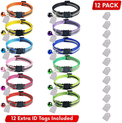 Elanz - Juego de 12 collares de gato reflectante con campana y etiqueta de identificación – ajustable, súper suave, duradero de nailon para gatos, multicolor con hebillas de seguridad y etiquetas de identificación resistentes a la intemperie para gatos y - BESTMASCOTA.COM