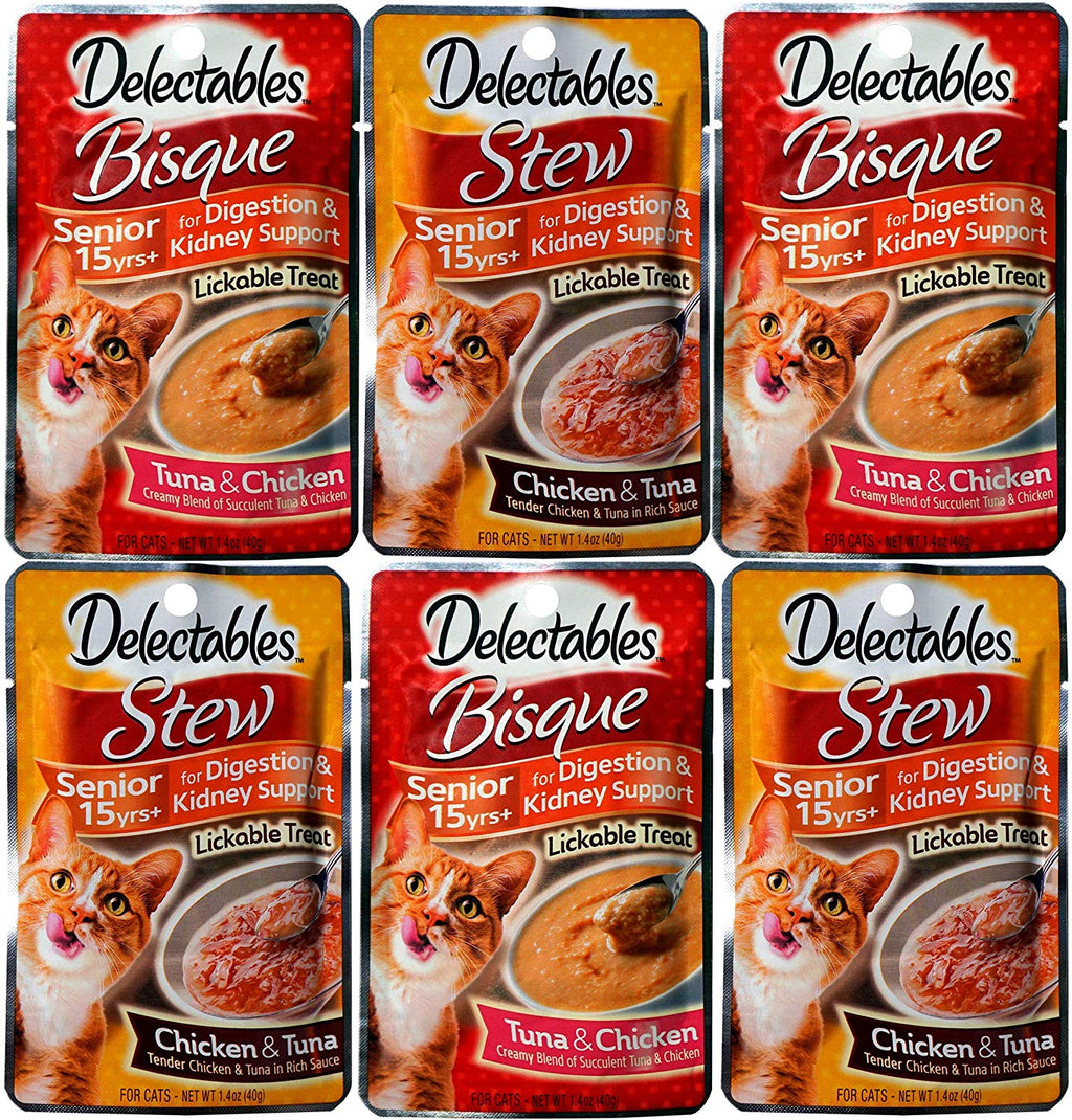 Delectables Stew Senior 15 + Pollo y atún con licencia para gato Bisque Senior 15 años + Lickable Wet Cat Treats. Dos sabores, 3 bolsas de cada sabor. Paquete variado de 6 unidades en total. - BESTMASCOTA.COM