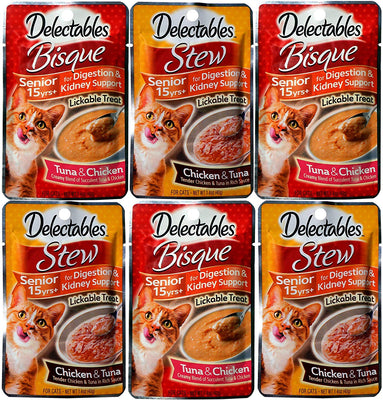 Delectables Stew Senior 15 + Pollo y atún con licencia para gato Bisque Senior 15 años + Lickable Wet Cat Treats. Dos sabores, 3 bolsas de cada sabor. Paquete variado de 6 unidades en total. - BESTMASCOTA.COM