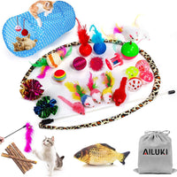 Ailuki - Juego de juguetes para gatos, 26 piezas, varios juguetes, incluye túnel de 2 vías, plumas de gato, pez de gato, ratón, pelotas de colores y campanas para gato, cachorro, gatito - BESTMASCOTA.COM