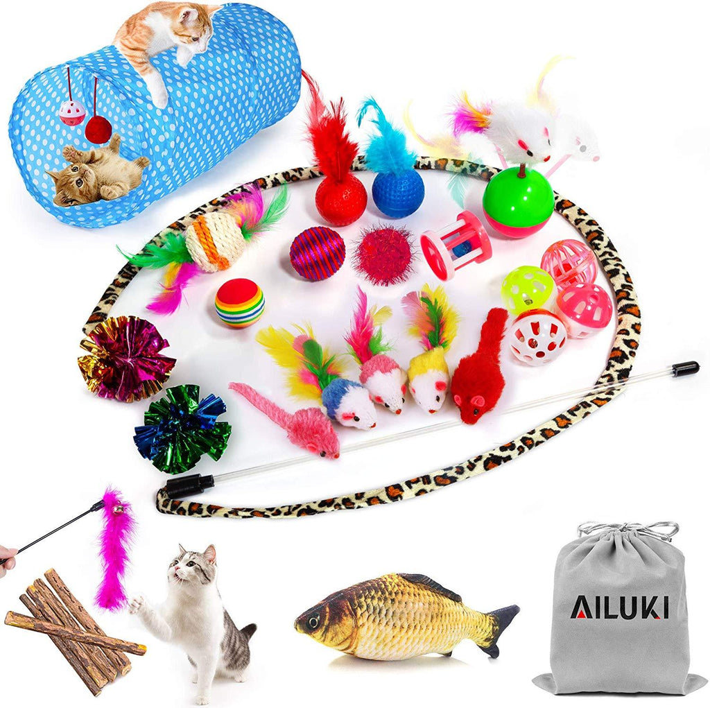 Ailuki - Juego de juguetes para gatos, 26 piezas, varios juguetes, incluye túnel de 2 vías, plumas de gato, pez de gato, ratón, pelotas de colores y campanas para gato, cachorro, gatito - BESTMASCOTA.COM